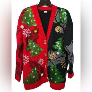 Holiday Time CHRISTMAS SWEATER Cardigan Trees Sequin